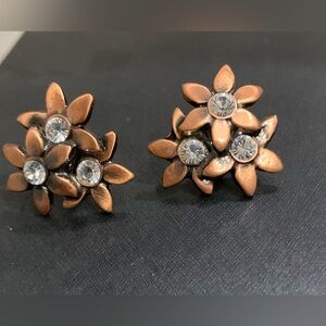 Floral Bronze Copper Earrings with Crystal Accents